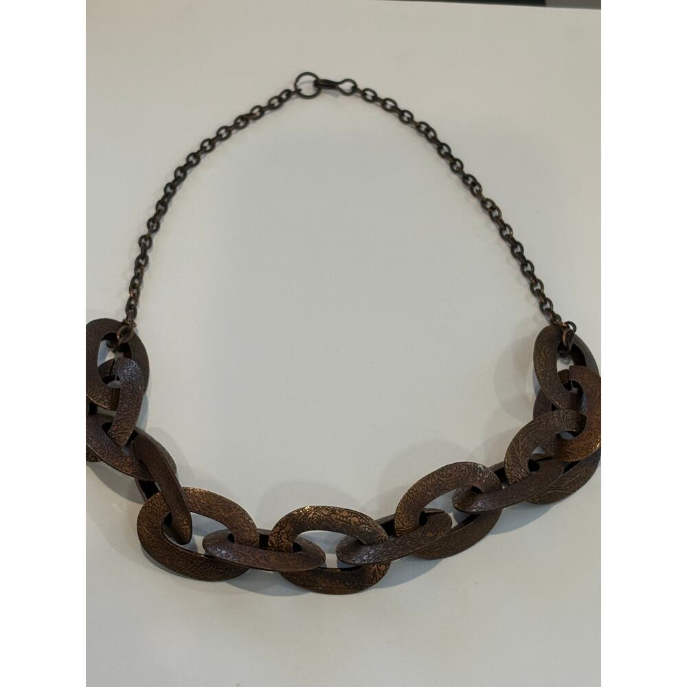 Chunky Copper Statement Necklace Etched Chain Links